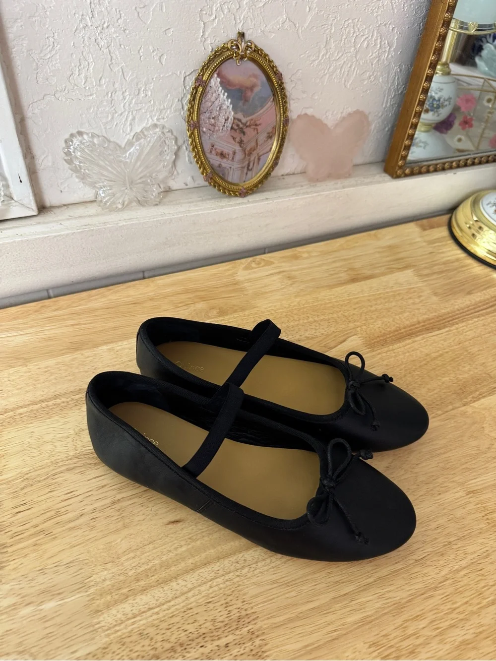 Quince Black Leather Mary Jane Ballet Flats Bow Slip-On Shoes Size 7 BalletCore